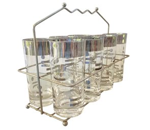 Seven MCM Silver Rim Dorthy Thorpe Style Cocktail Tumblers In Caddy