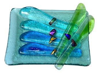 Set Of Six Signed Art Glass Spreaders With Tray