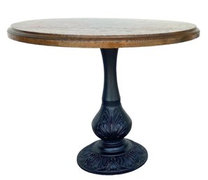 1970s Round Oak Bistro Table With Ornate Cast Metal Ball Base