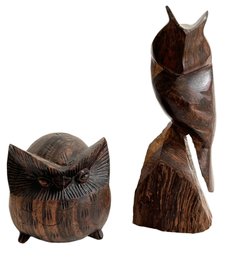 Two Carved Wood Owl Figurines