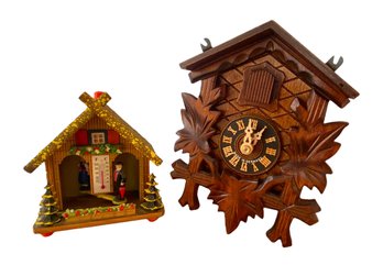 Vintage German Cuckoo Clock & Wooden Bambi Weather House - West Germany