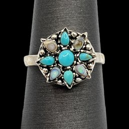 Vintage Sterling Silver Turquoise And Abalone Flower Ring, Size 7.5