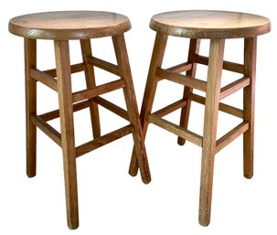 A Pair Of Wooden Low Counter Stools From Work Bench In NYC Circa 1970s