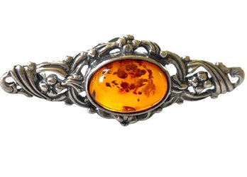 Sterling Silver And Amber Stone Pin