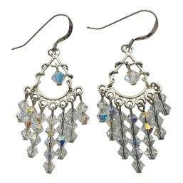 Vintage Sterling Silver Clear Beaded Chandelier Earrings