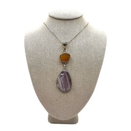 Italian Sterling Silver Box Chain Necklace With Purple Agate Pendant