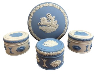 Four Vintage Wedgwood Jasperware Blue And White Round Trinket Boxes