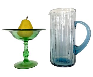 Vintage Brightly Colored Glass Pedestal Bowl And Pitcher