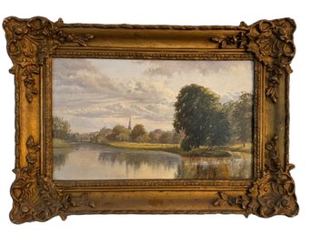 Signed  19C English River Landscape' Oil On Board By S.E. Tirkner