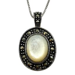 Sterling Silver Box Chain Necklace With Mother Of Pearl And Marcasite Pendant