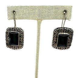 Vintage Sterling Silver Rectangle Dangle Earrings With Black Onyx Center Stone