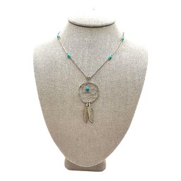 Vintage Native American Sterling Silver Dream Catcher Pendant On Liquid Silver Turquoise Beaded Necklace