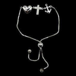 Sterling Silver Clear Stones Anchor Cross Heart Pull String Bracelet