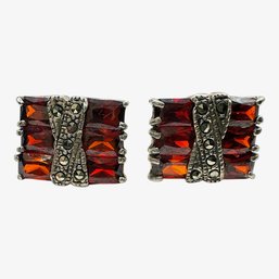 Sterling Silver Garnet Stones And Marcasite Stud Earrings