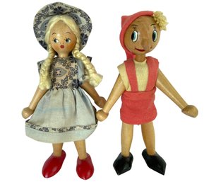 1950s Pair Of Hand Painted Polish Wooden Peg Dolls