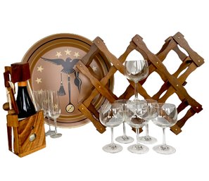 Mid Century Wine Rack, Tole Eagle Tray, Wine Bottle Puzzle And Stemware