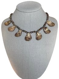 Vintage Sterling Silver Freshwater Pearl Beaded Necklace With 7 Iridescent Abalone Shell Pendants