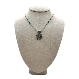 Vintage Sterling Silver Flower Pendant On Liquid Silver Necklace With Black And Turquoise Accent Beads