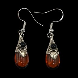 Vintage Sterling Silver Amber Dangle Earrings With Onyx Accents