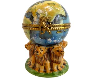Vintage Limoges Hand Painted Lions Under Old World Globe Box