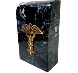 Striated Marble Bookend With Caduceus Medallion