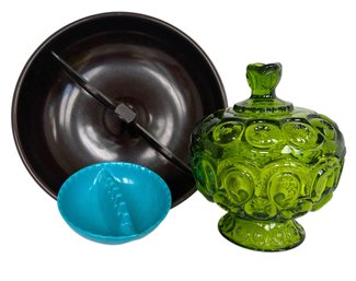 Mid Century Melamine Ashtrays & Green Cut Glass Candy Dish