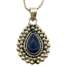 Vintage Italian Sterling Silver Rope Chain Necklace With Mexican Lapis Stone Teardrop Pendant