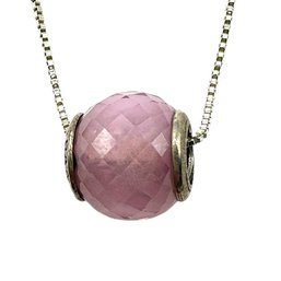 Vintage Italian Sterling Silver Box Chain Necklace With PANDORA Round Pink Gemstone Pendant