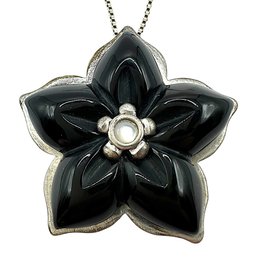 Sterling Silver Box Chain Necklace With Black Onyx Flower Pendant