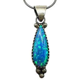 Vintage Italian Sterling Silver Snake Chain Necklace With Blue Fire Opal Teardrop Pendant