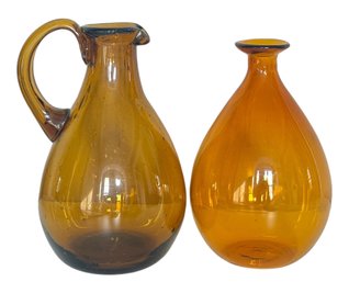 Hand Blown Amber Glass Handled Pitcher And Vase