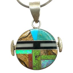 Italian Sterling Silver Snake Chain Necklace With Native American Multicolored Stone Double Sided Pendant