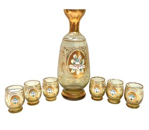 Vintage Bohemian Art Glass Carafe And Cordial Glass Set