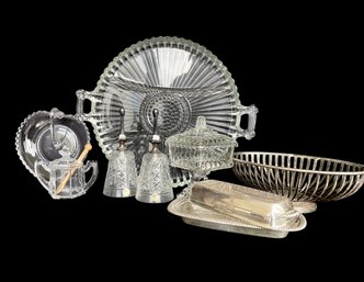 Fine Crystal & Silver Plate Grouping - Bells, Butterdish, Basket & More