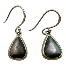 Vintage Sterling Silver Black Iridescent Stone Teardrop Dangle Earrings