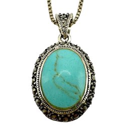 Vintage Italian Sterling Silver Box Chain Necklace With Chunky Marcasite And Turquoise Stone Pendant