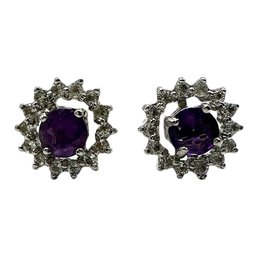 Vintage Sterling Silver Amethyst Halo Gemstone Stud Earrings