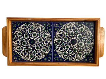 Wooden Tray With Armenian Hand Painted Porcelain Tiles From Jerusalem