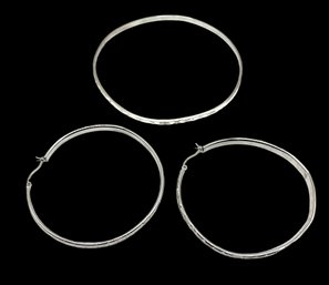 Vintage Lot Of Sterling Silver Large Hoop Earrings And Bangle Bracelet