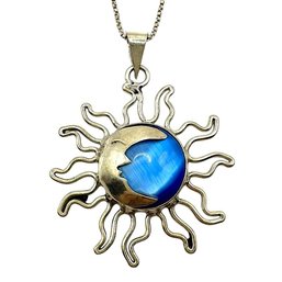 Italian MILOR Sterling Silver Twist Box Chain With Mexican Blue Stone Sun And Moon Pendant Necklace