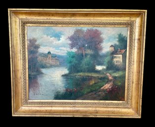 Custom Gilt Framed  RIVER LANDSCAPE Oil On  Canvas Art