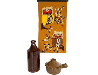 Mid Century Owl Wall Hanging And Studio Pottery