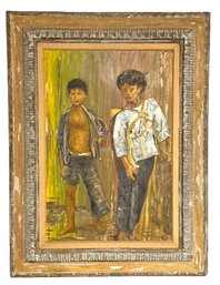 Mid Century Oil On Canvas 'Vietnamese Boys' By Mortimer Hays -Silvermine Art Guild 31' X 41'