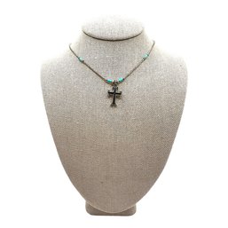 Vintage Native American Liquid Silver Beaded Necklace With Sterling Silver Cross Pendant