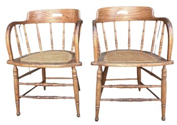 Pair Of Vintage Curved Back BarrelCaptain's Chairs With Cane Seats