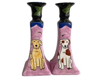 Pair Of 'Groovy Dog & Cat' For Chaleur Ceramic Candle Stick Holders