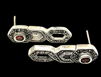 Vintage Sterling Silver Garnet Stone Marcasite Earrings