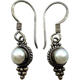 Vintage Sterling Silver Pearl Center Ornate Dangle Earrings