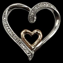 Beautiful 10K Gold And Sterling Silver With Clear Stones Double Open Heart Pendant