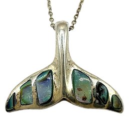 Vintage Italian Sterling Silver Chain Necklace With Abalone Shell Dolphin Tail Pendant